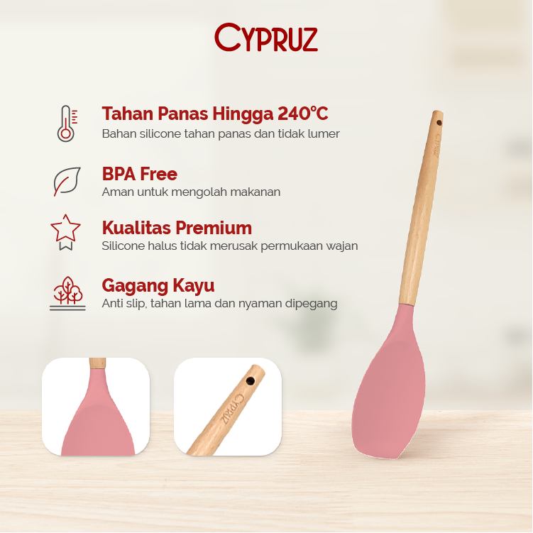 Cypruz Utensil Gg.Kayu Kepala Silicone: Sendok Serving RATA