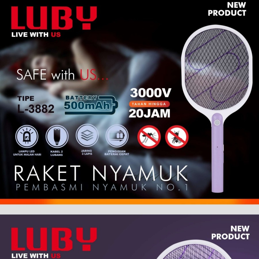 Luby L-3826A / L-3881 / L-3882 / L-3883  Raket Nyamuk Luby Cas Rechargeable Mosquito Swatter L3826A / L3881 / L3882 / L3883 luby