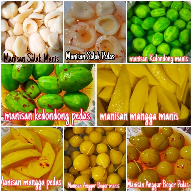 

Manisan Buah Segar/Asinan Buah Basah(Salak,Mangga,kedondong,Anggur Bogor) berat -+350 gr