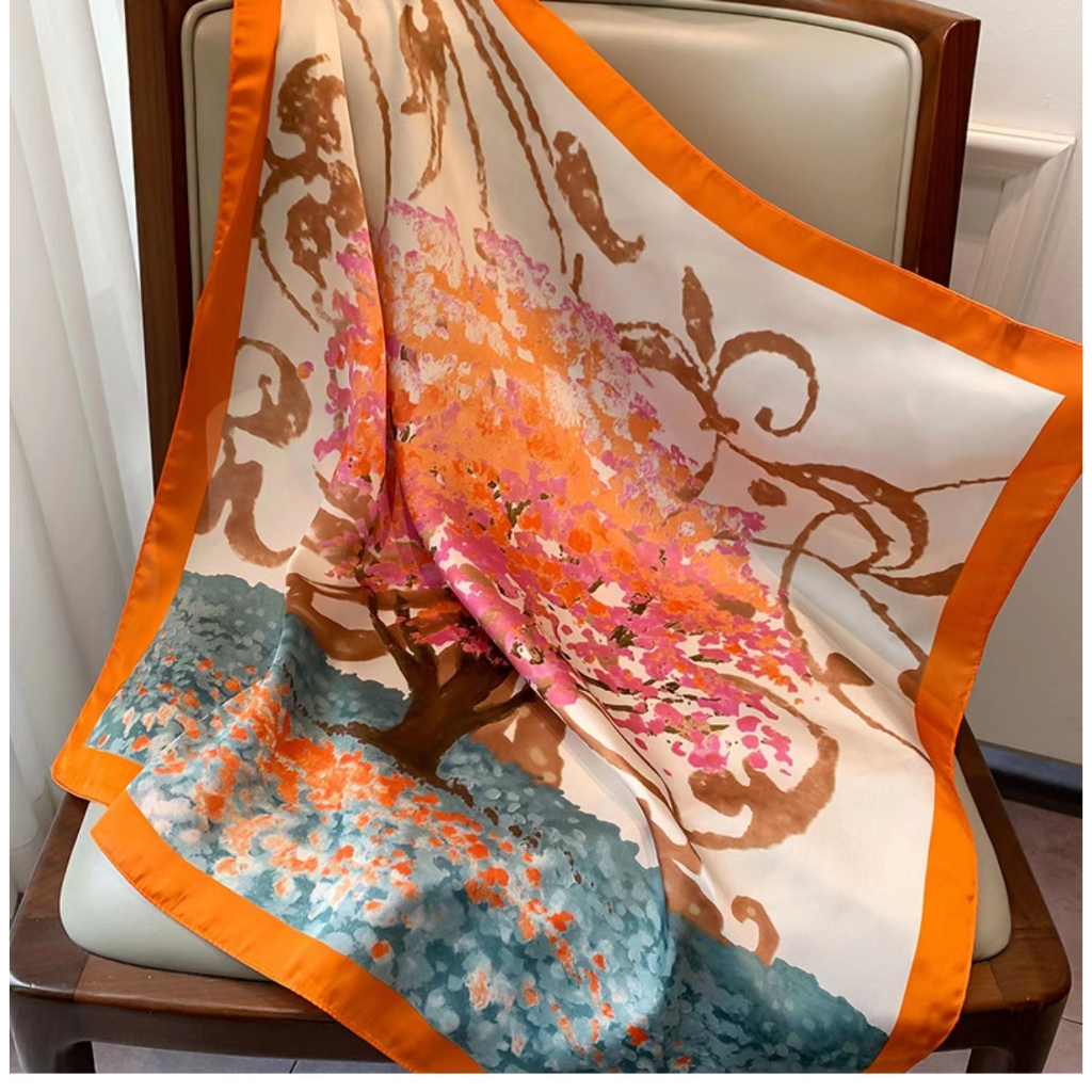 Syal sutra panjang wanita 2023 musim panas baru syal sutra kecil grosir pencetakan sutra imitasi diikat tas streamer manis syal kecil