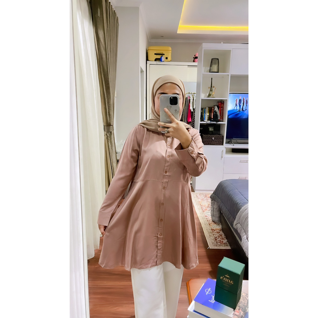 Hermoscha Long Tunik Jumbo Navy Biru Dongker Merah Maroon Peach Coklat Brown Katun Twill Rayon / Ata