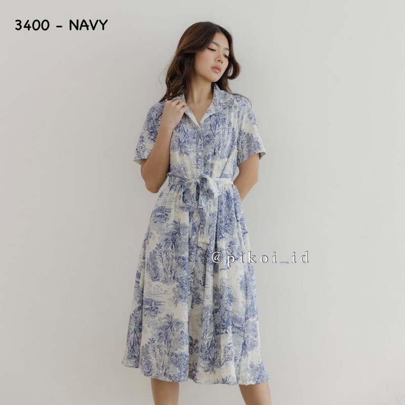 Vintage dress wanita biru putih / dress busui wanita jalan santai / midi dress ikat putih 3400