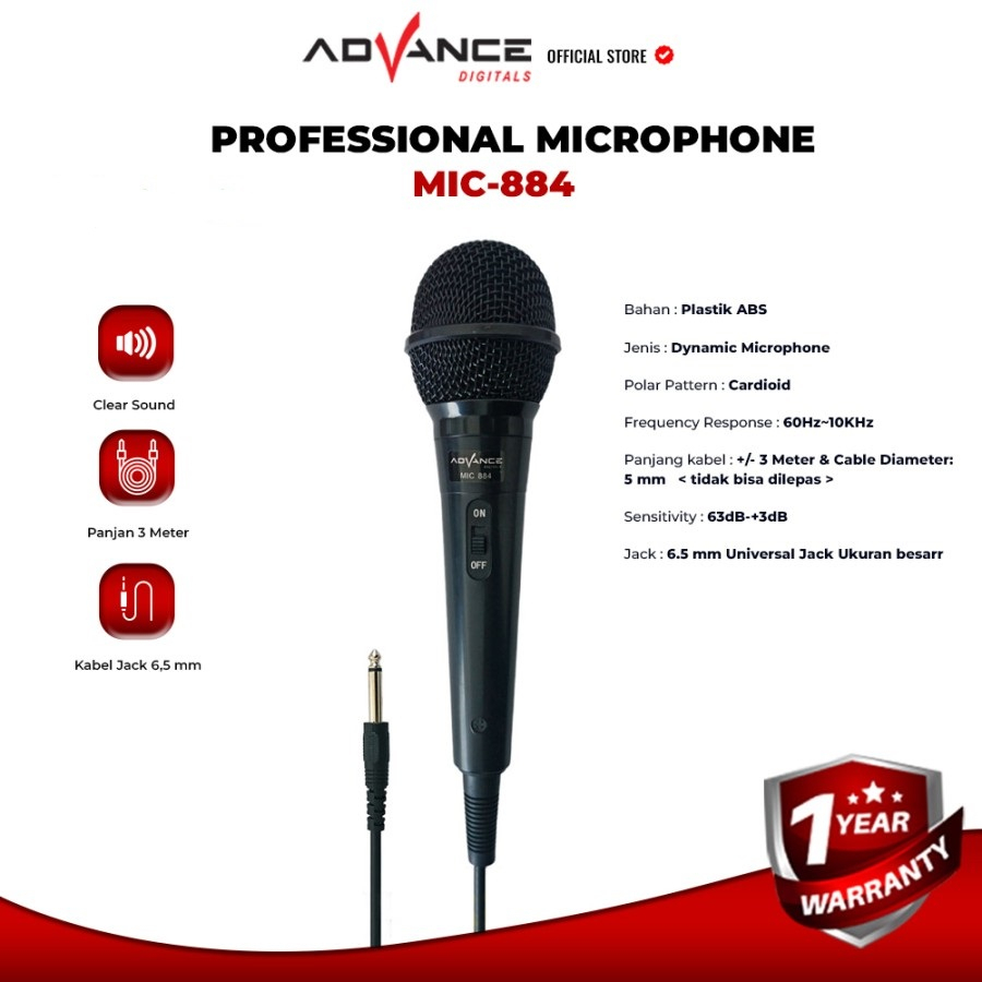 Advance Mic Karaoke Profesional Dynamic Microphone Mic Kabel MIC-884 Jack Besar 6,5MM Garansi 1 Tahun