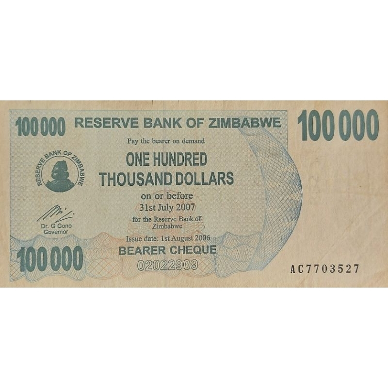 Uang Asing Negara zimbabwe 100.000 Dollar Tahun 2008 Kondisi XF -AUNC Original 100%
