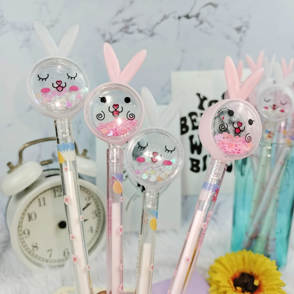 Pulpen Gel Bunny Manik Cantik Cute / Pen Gel Rabbit Manik harga Murah ready 2 Warna tinta gel hitam / Bolpen Kelinci Hiasan Gliter Best Quality bisa Grosir dan COD