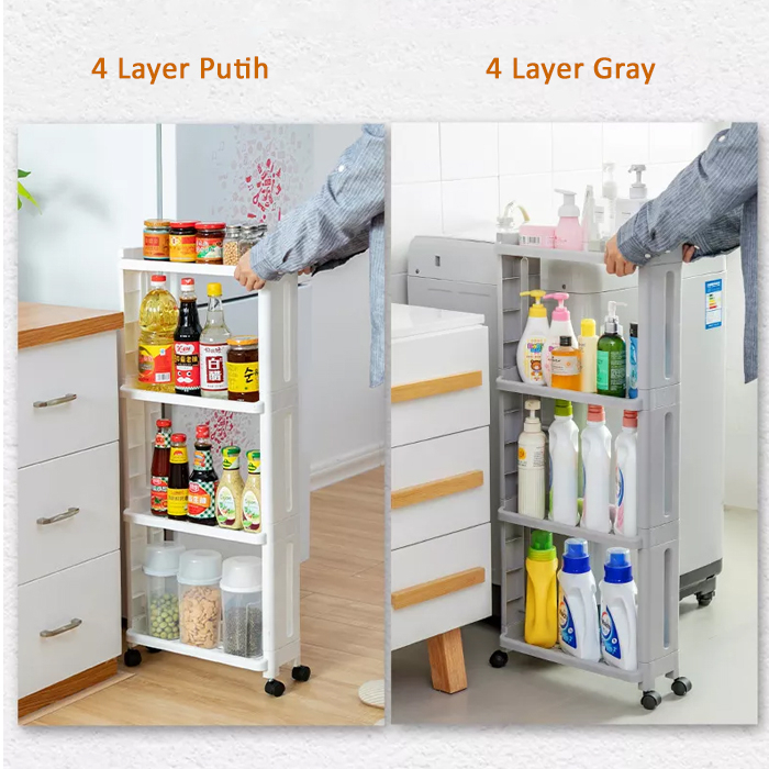 Rak Lemari Sudut Rak Bumbu Dapur Dorong Roda Susun 3 atau 4 Kitchen Storage Rack Putih dan Gray