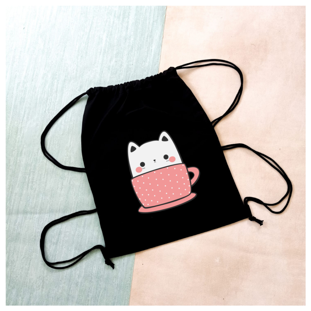 Stringbag Kucing Cup Full Colour drawstring tas ransel serut fashion cute || Kiiyoomii ||