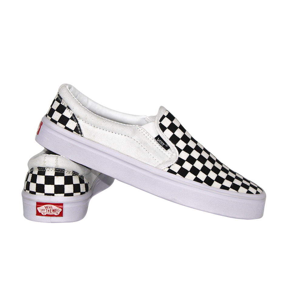 Sepatu vans slip on checkerboard hitam putih slop tanpa tali catur DT Kanvas