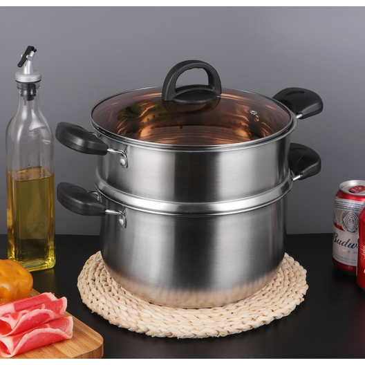 Panci Kukus Steam 22cm 24cm 26cm Pot 2 Tingkat Full Stainless Steel Tutup Kaca Stainless Steel Kitchen Metal Hot Pot Soup Pot Cooking Pot Cookware For Induction Cookers