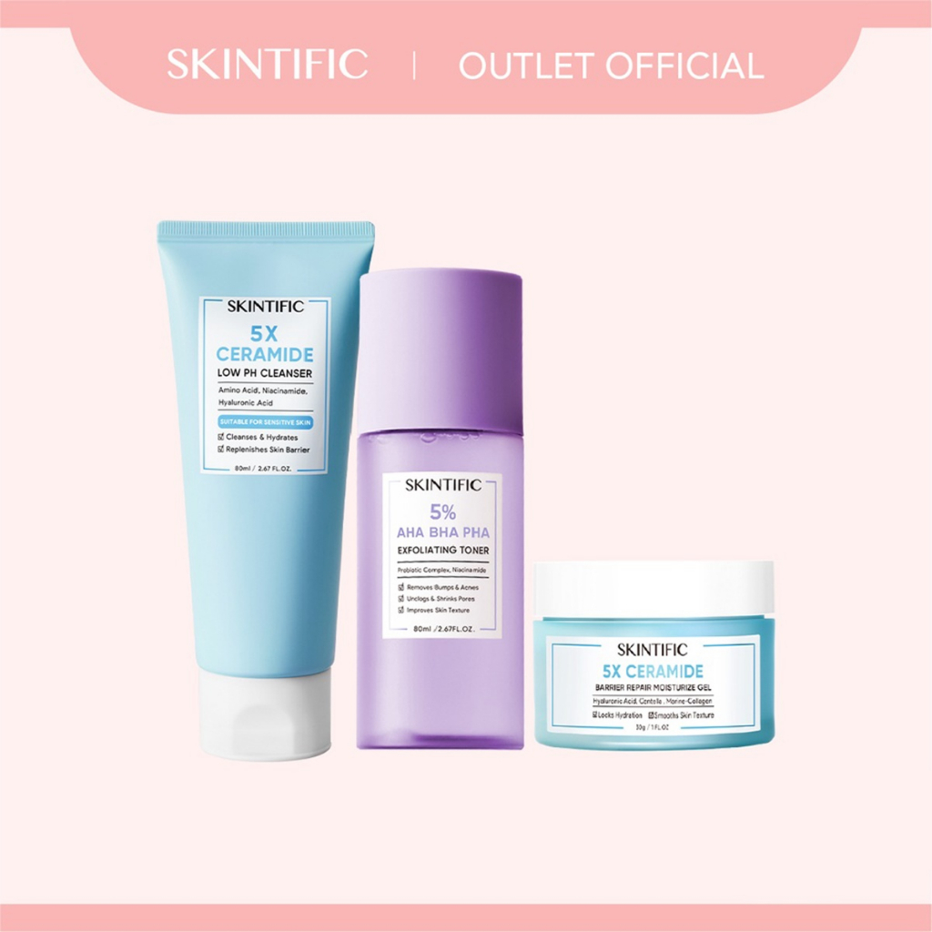 【Skintific Outlet Official】SKINTIFIC Paket Glowing Skin with 5X Ceramide Barrier  Moisturizer Pelembab Wajah + Low pH Cleanser Sabun Cuci Muka+ 5% Aha Bha Pha Exfoliating Toner【BPOM】