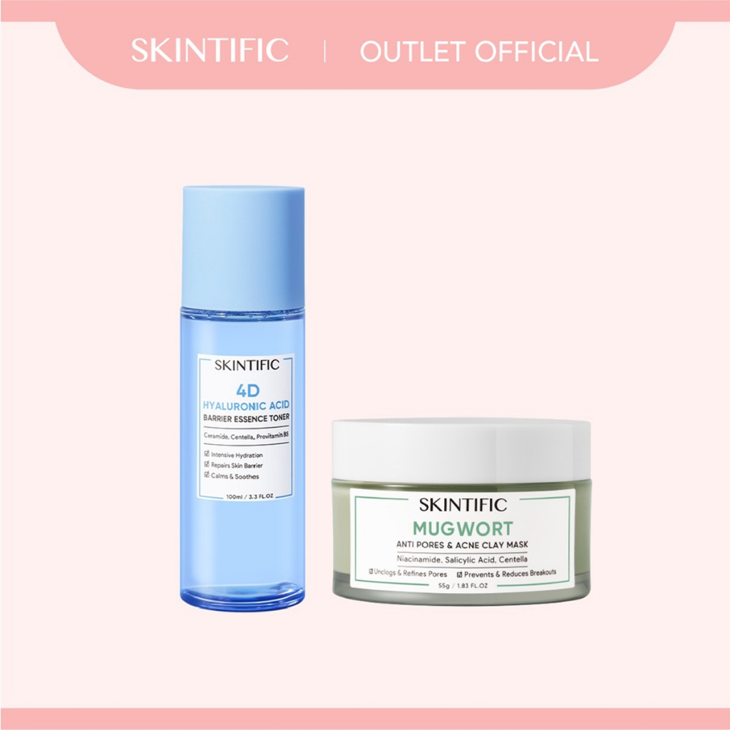 【Skintific Outlet Official】SKINTIFIC Mugwort Anti Pores &amp; Acne Clay Mask Pore Clarifying Wask Off Pack 55G Masker Wajah &amp; 4D Hyaluronic Acid ( HA ) Barrier Essence Toner Defeat Dryness In10S 100Ml Toner Pelembab【BPOM】