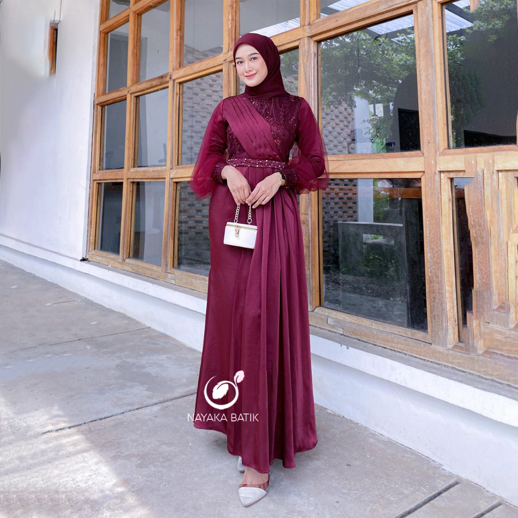 NAYAKA BATIK - Maxi Dress Kondangan Melody Gamis Brukat Tulle Mutiara Dress Lebaran Terbaru 2023 Adeeva Maxi Amara Dress