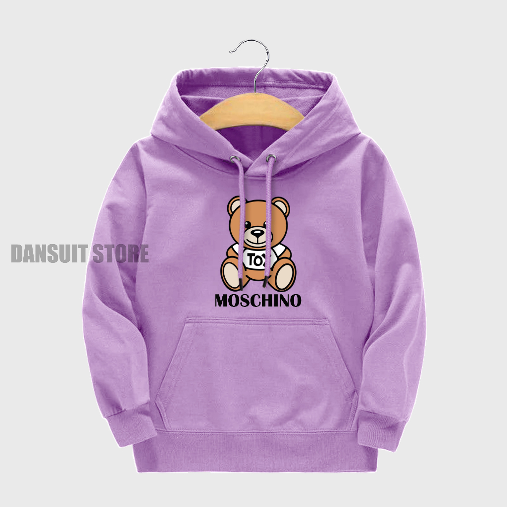 Sweater Hoodie Anak Perempuan Usia 4-13 Tahun Motif Sablon MOSCHINO Warna Pastel Bahan Tebal Premium