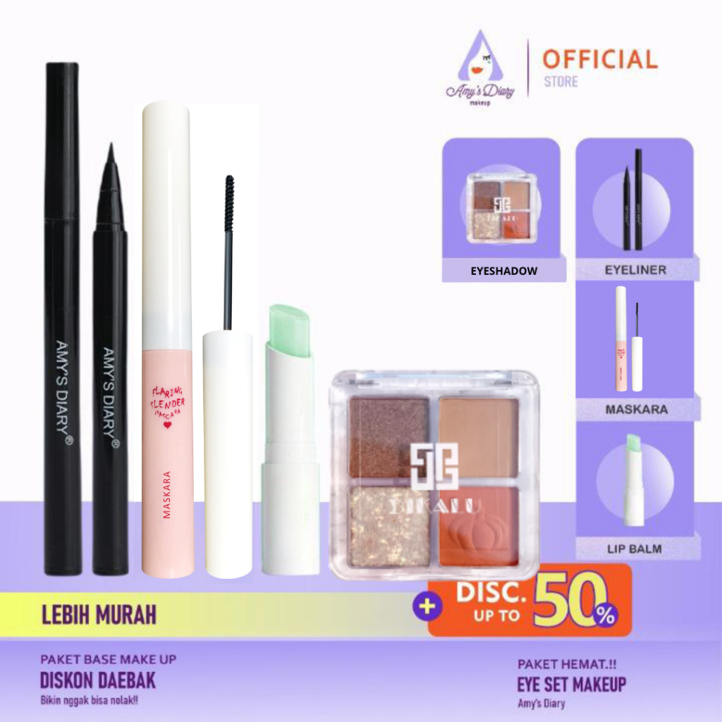 [PAKET HEMAT] Amy's Diary Eye Set Makeup 4 in 1 Lip Balm Maskara Eyeliner Eyeshadow 4 Warna