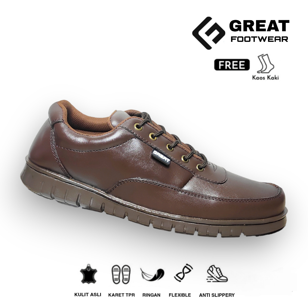 GREAT FOOTWEAR Sepatu Sneakers Pria Kulit Asli Sepatu Sepatu Kerja Pria Kasual Formal Anti Licin Kozy Brown