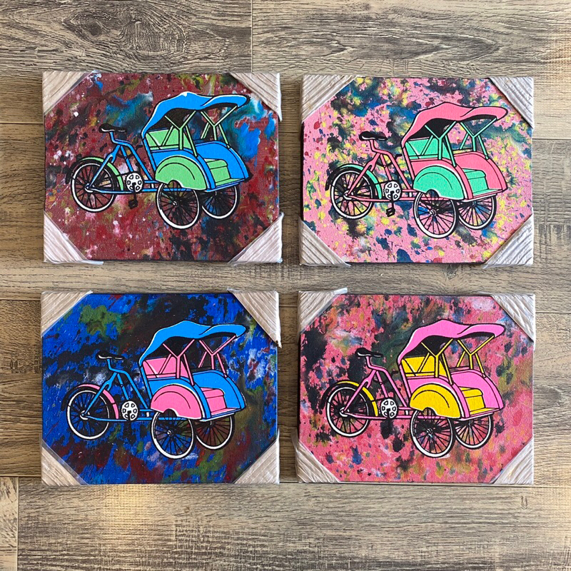 Lukisan Sepeda Becak, Lukisan Kanvas, Hiasan Dinding Ukuran 30 x 40 Cm 100% Buatan Tangan