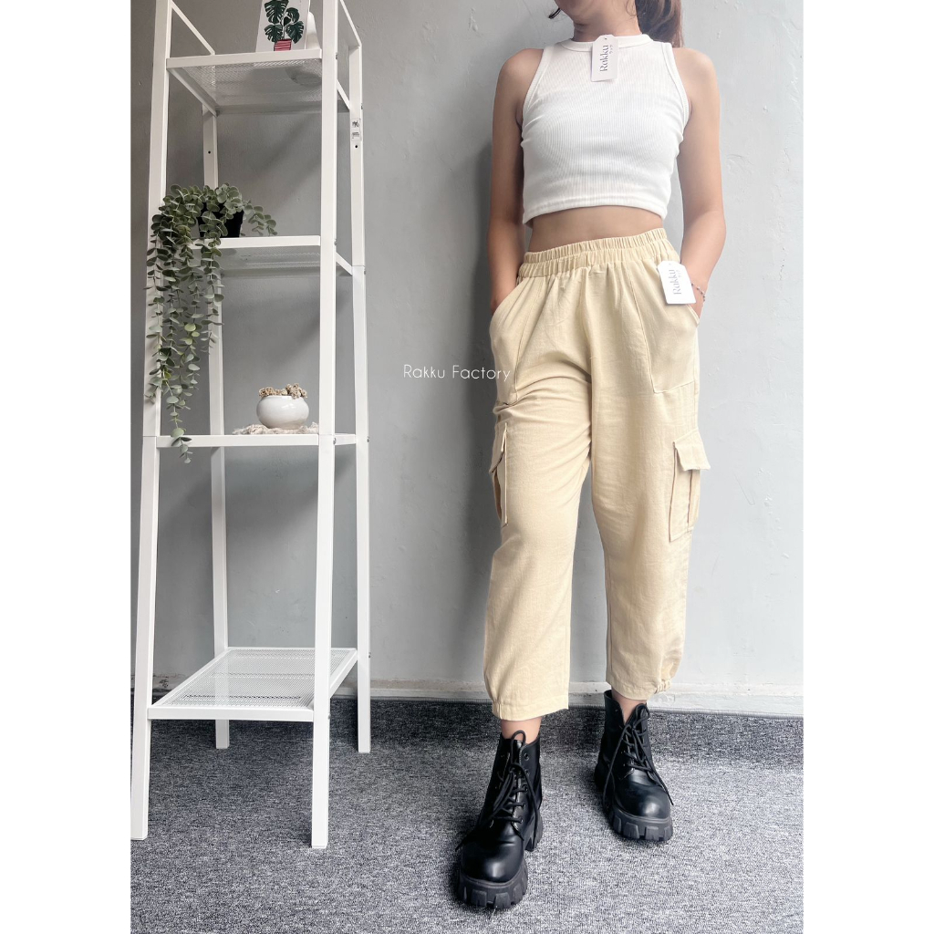 Lea Cargo Pants - Highwaist Loose Cargo - Celana Kargo Wanita Linen - Baggy Pants Rakku 867