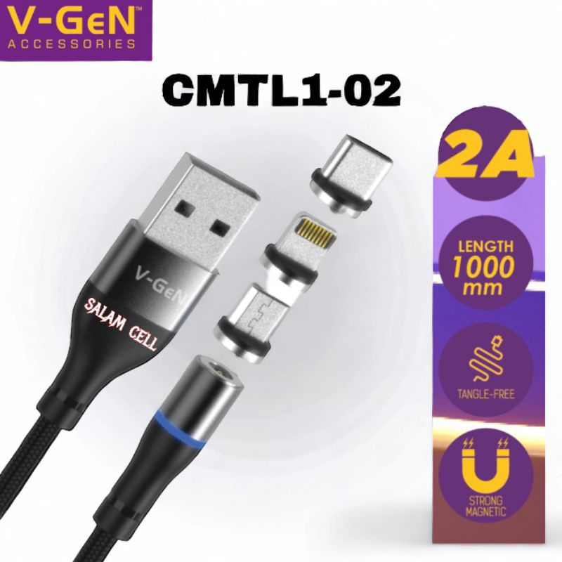 Kabel Data V-Gen CMTL1-02 3 In 1 Magnetic USB CableLED Blue LightLength 1000mm2A Original