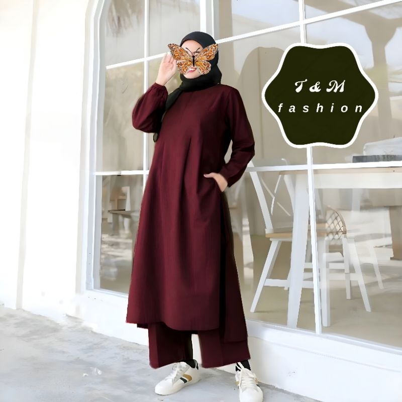 T &amp; M Fashion Tunik Set Celana HANNA Baju Wanita Gaya Santai Harian Wanita Muslim Warna Cream Millo Kuning Navy Dusty Army Maroon Putih