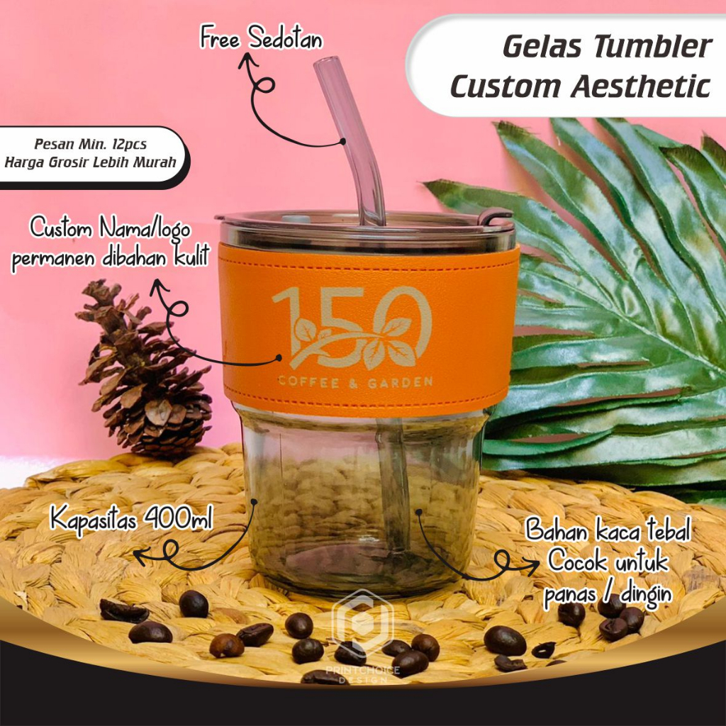 Gelas Tumbler Kaca Aesthrtic Custom Nama Foto Logo Tanpa Minimal Order Free Sedotan