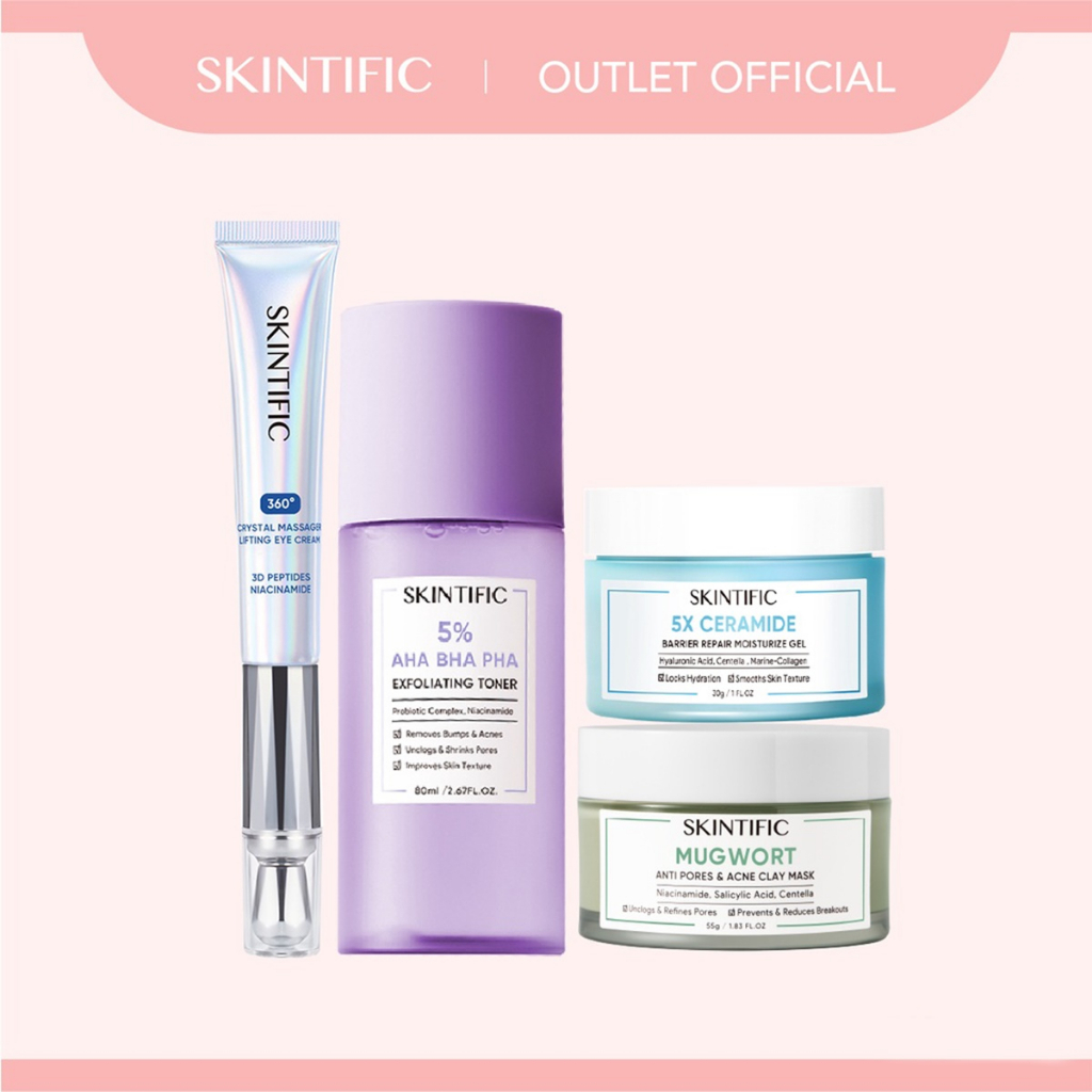 【Skintific Outlet Official】SKINTIFIC Skin Relaxation Set - 5% Aha Bha Pha Exfoliating Toner &amp; 5X Ceramide Barrier  Serum &amp;  Acne Clay Mask Masker Wajah &amp; 360 Crystal Massager Lifting Eye Cream Krim Mata