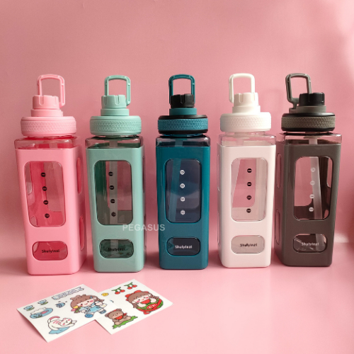 Botol Minum Persegi / Botol Air Minum Kotak Sedotan 700ML &amp; 900ML / Tumbler Anak Sekolah Gemoy KJ326 KJ327