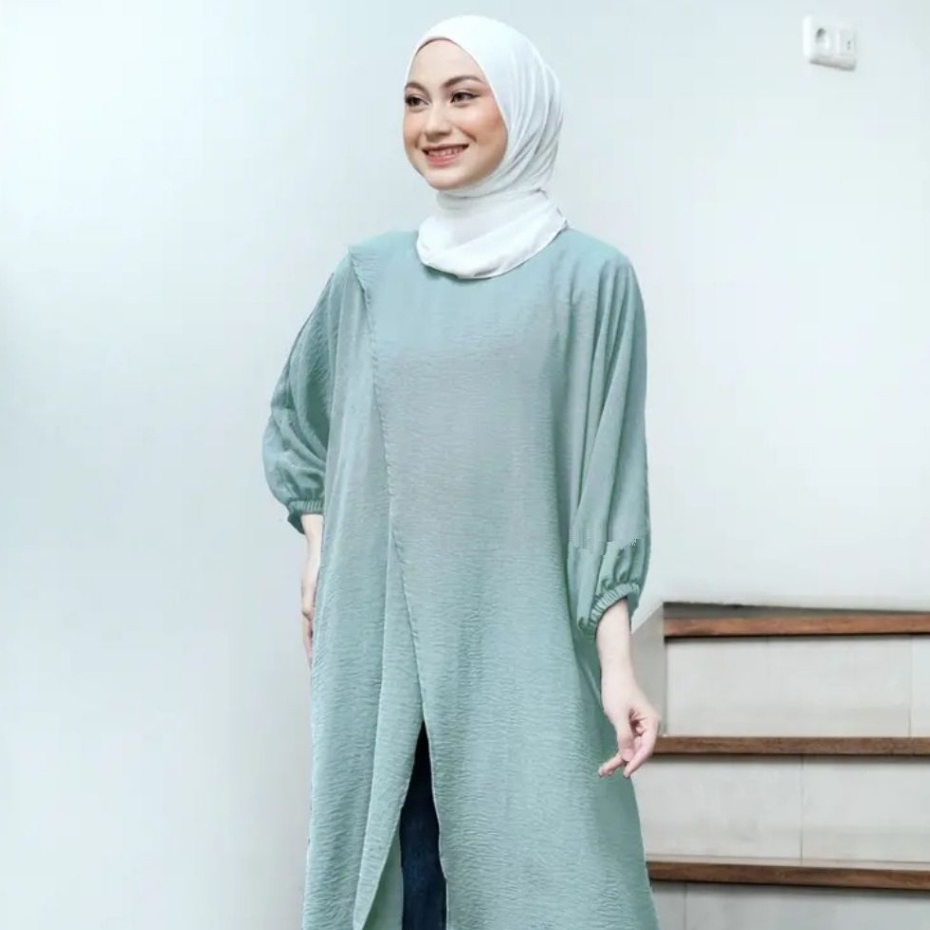 Balqisa Tunik Silang Crinkle Airflow Premium Atasan Wanita Belah Lengan Balon Terbaru