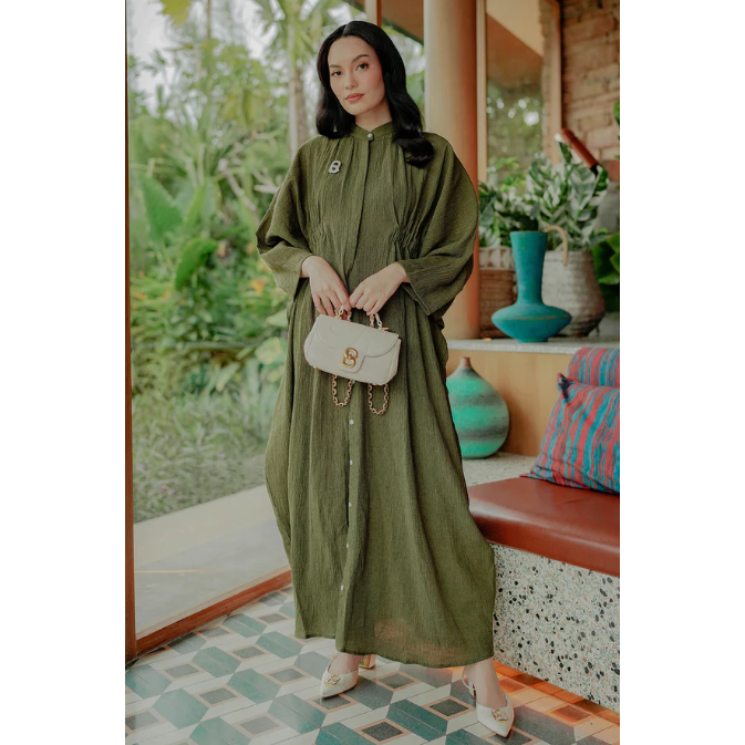 Akiara Shirt Dress With Gathers By Benang Jarum green XS.S.M.L.XL.XXL buttonscarves series voal froz