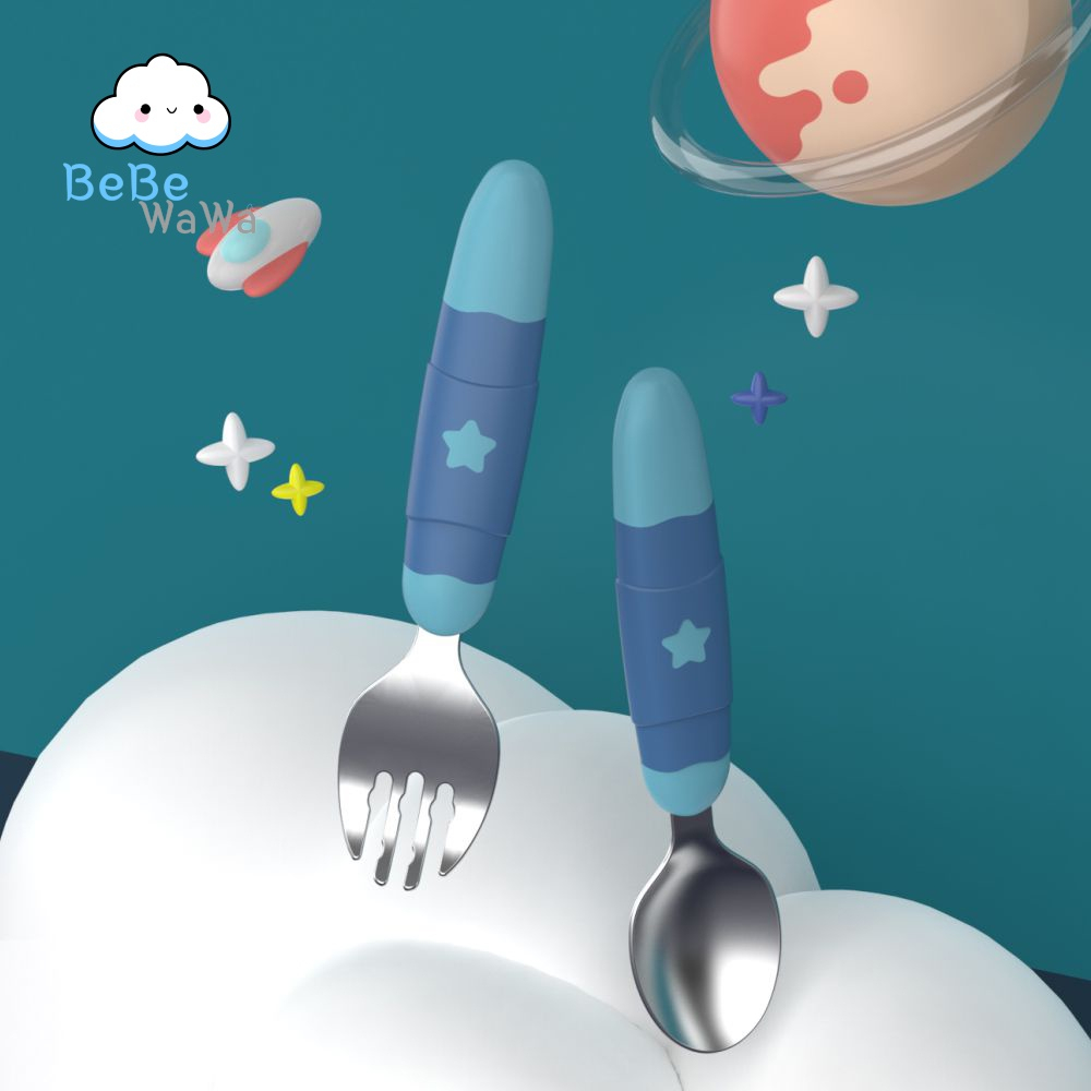 BeBeWaWa Stainless Baby Spoon &amp; Fork Set - Sendok &amp; Garpu Makan Bayi &amp; Anak PROMO SEN