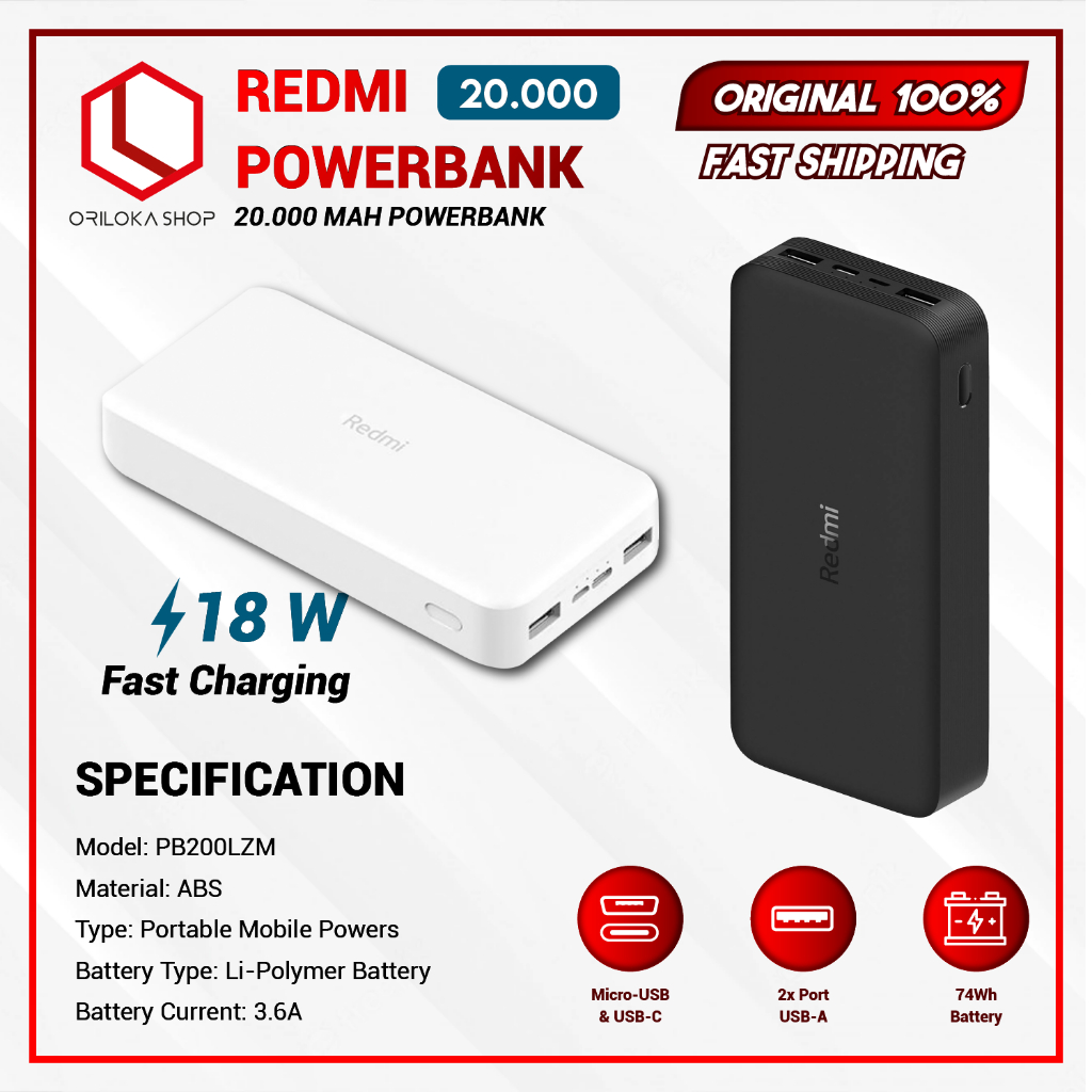 Mi Redmi Power Bank 20000mAh 18W Fast Charge - Garansi Resmi