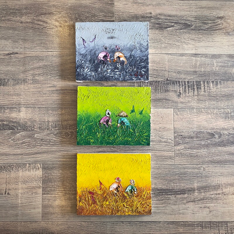 Lukisan Panen, Sawah, Lukisan Kanvas Cat Palet Timbul, Hiasan Dinding Ukuran 10R (25,4 x 20,5 Cm) Lu