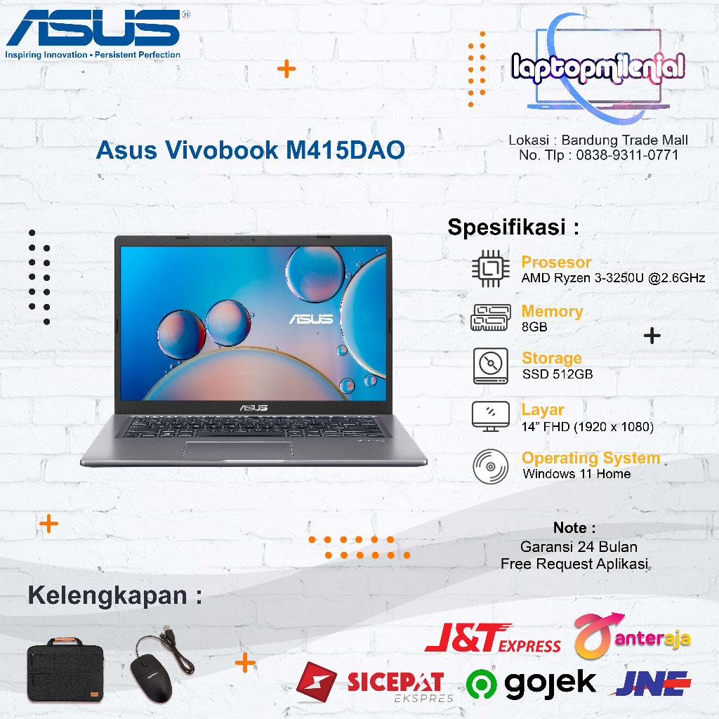 Asus Vivobook M415DAO Ryzen 3 3250U 8GB SSD 256GB 14&quot; FHD WIn 11 Ori OHS 2021 Garansi Resmi