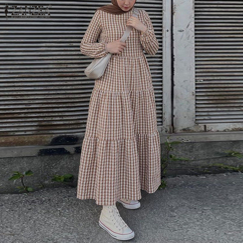 ZANZEA Women Muslim Street Fashion Puff Sleeve Bubble Plaid Pleated Doll Dress