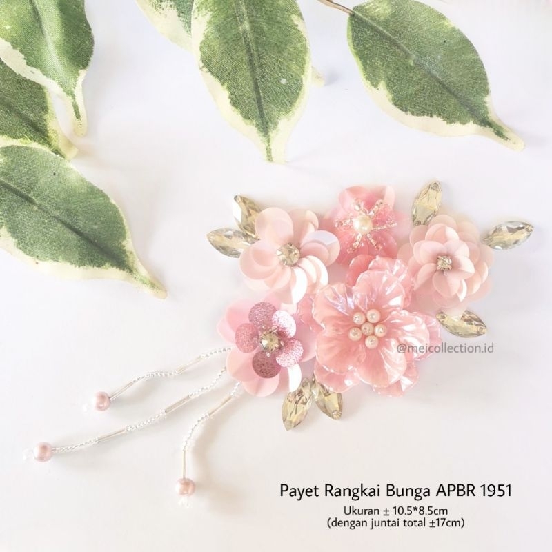 payet rangkai mutiara bunga 3d warna pink juntai bahu APBR 1951 kebaya wisuda gamis pesta