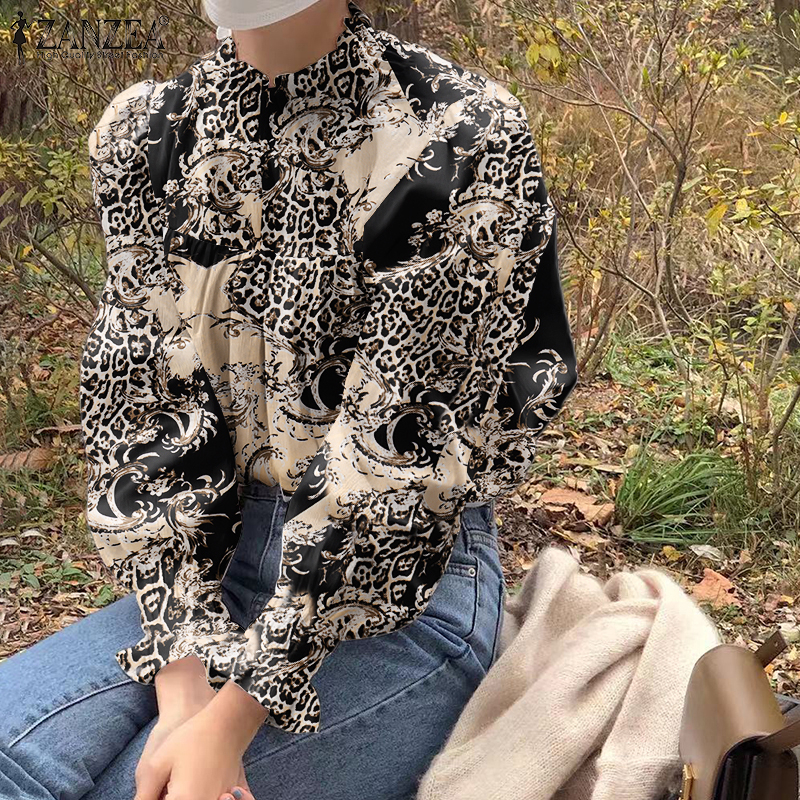 ZANZEA Women Fashion Vintage High Neck Leopard Print Long Sleeve Blouse