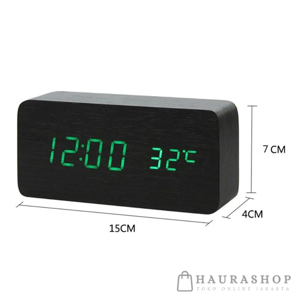Jam Meja Kayu Digital LED Alarm Smart Clock Date Wood Temperature