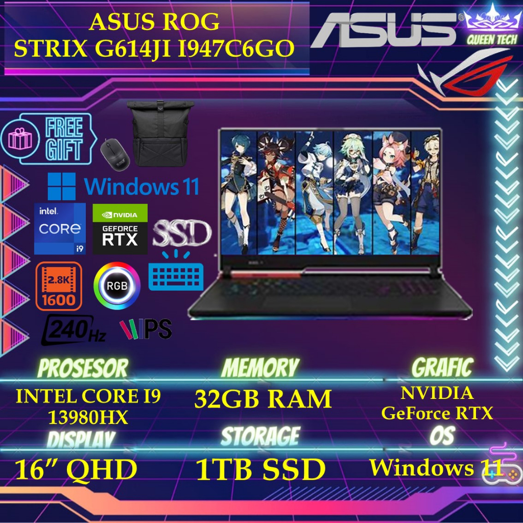 ASUS ROG STRIX G614JI I947C6GO - RTX4070 8GB I9 13980HX 32GB 1TBSSD WINDOWS 11+OHS 16.0 INCHI QHD 240HZ PKRGB MOS PERFECT  GRY