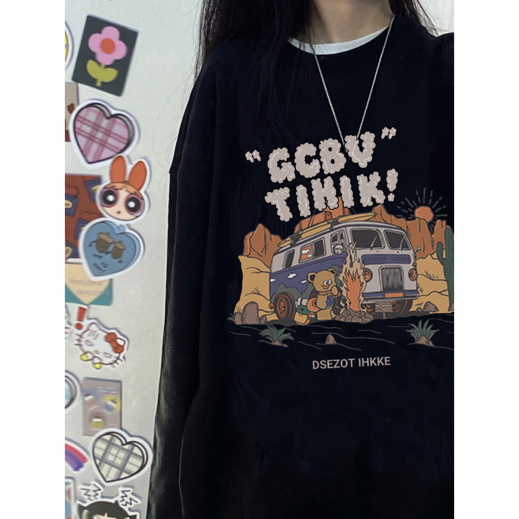 EUNII Sweater Lengan Panjang Cartoon Desert Car Printing Korean Style/Sweater Crop/Baju Wanita/Switer Wanita/Switer