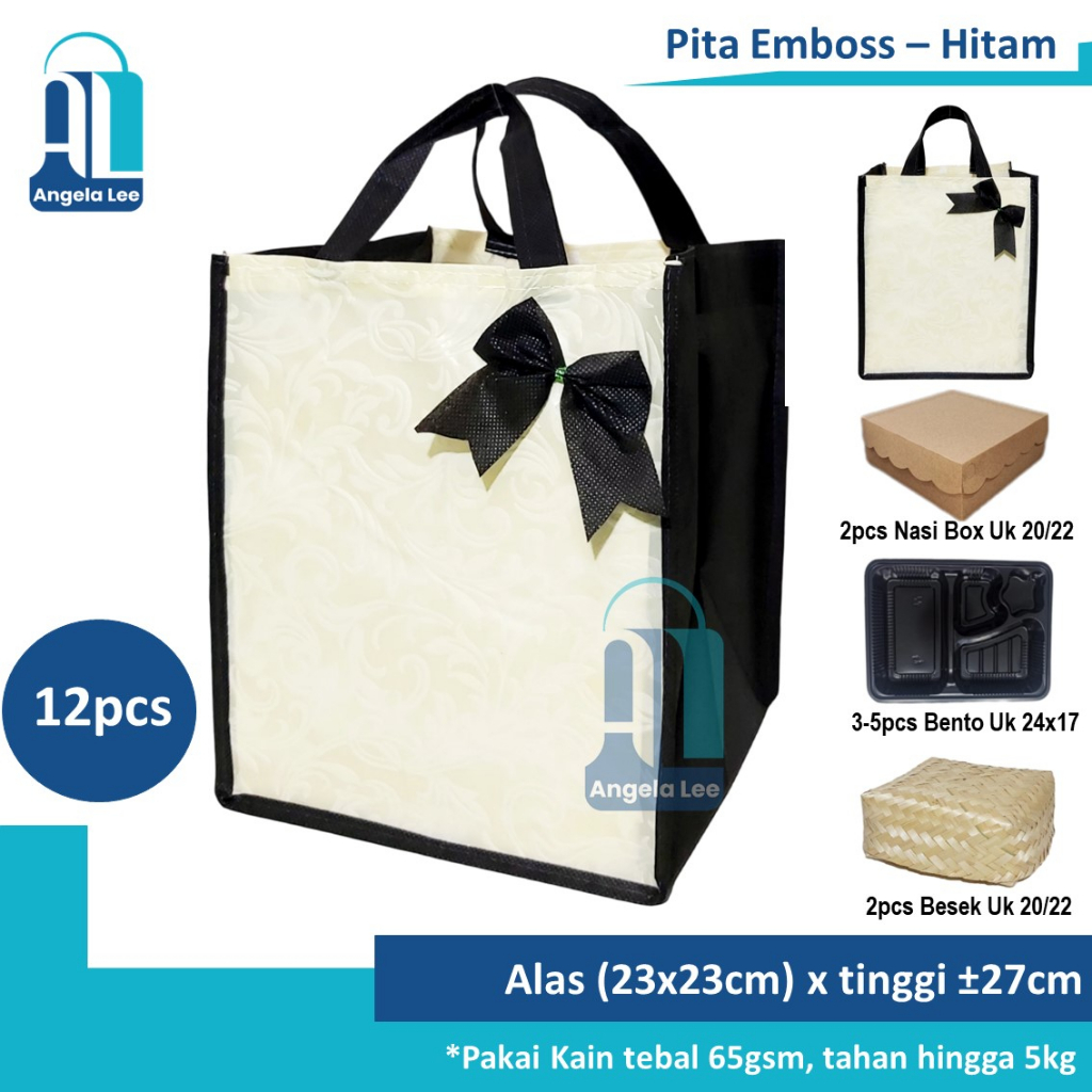 12pcs Tas Kain Spunbond Pita Emboss Polos muat 2 box nasi kotak Besek 20/22cm Hajatan Syukuran Pesta