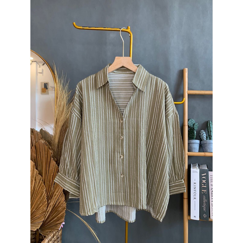 Dhea Stripe Shirt Blouse (kemeja crinkle kancing premium pastel garis formal kantor kuliah )