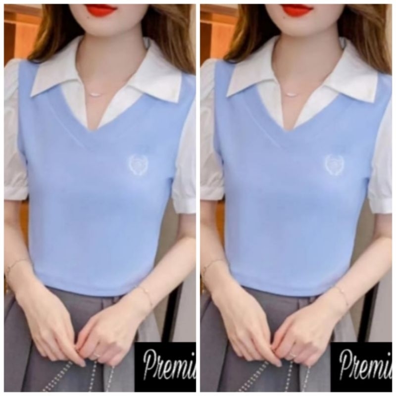 ❤️ IMPORT ❤️ READY ! KARREN TWO TONE SCHOOL KNIT VEST WITH COTTON BLOUSE
