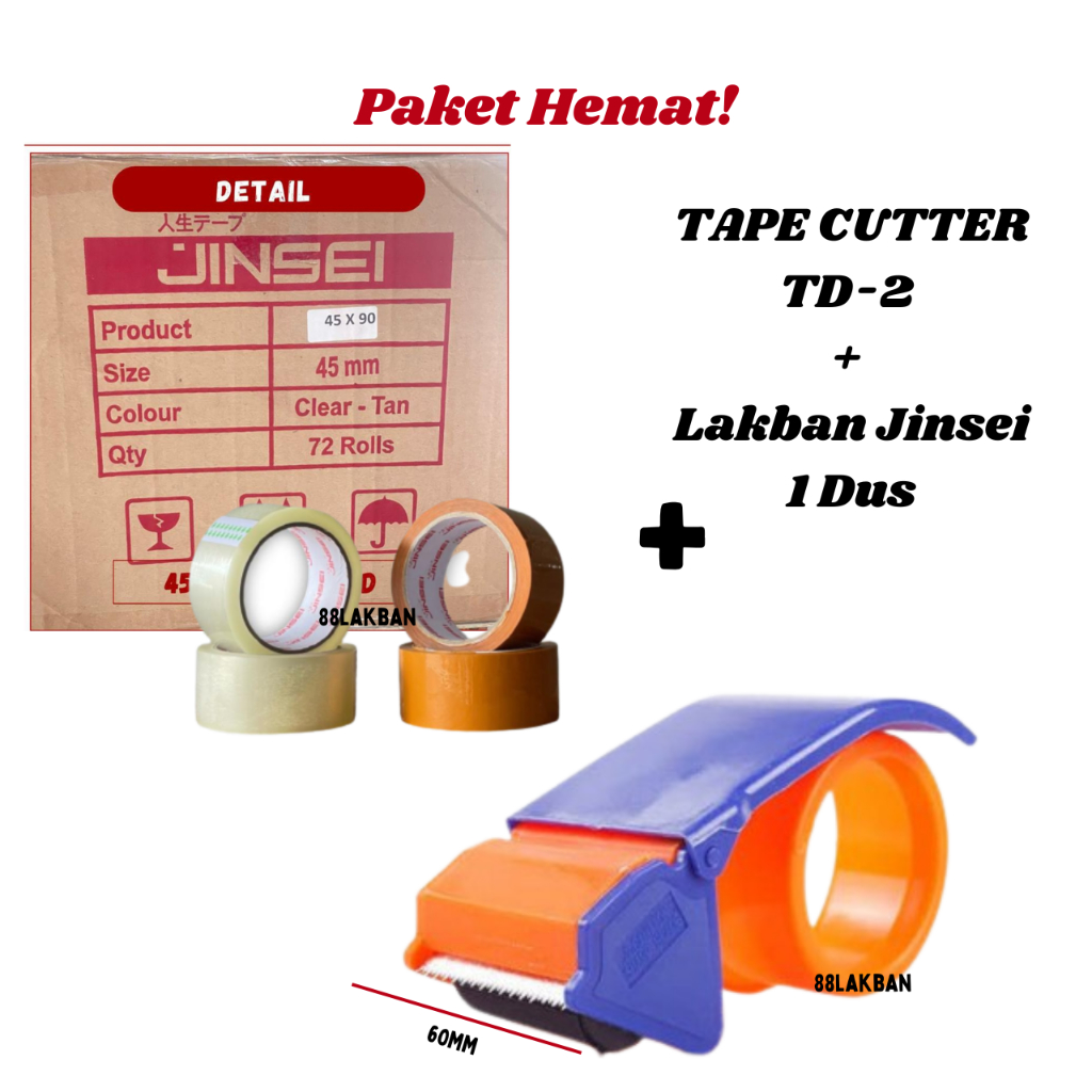 

Paket HEMAT (Lakban Jinsei 90 Yard 1 Dus + Tape Cutter Joyko TD-2 * 50MM)