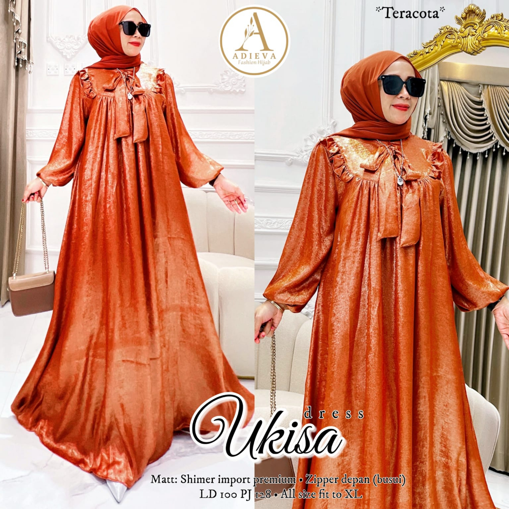 Ukisa Dress Gamis Muslim Matt Shimer Silk Premium Ziper Depan Busui Original By Adieva Orinaura