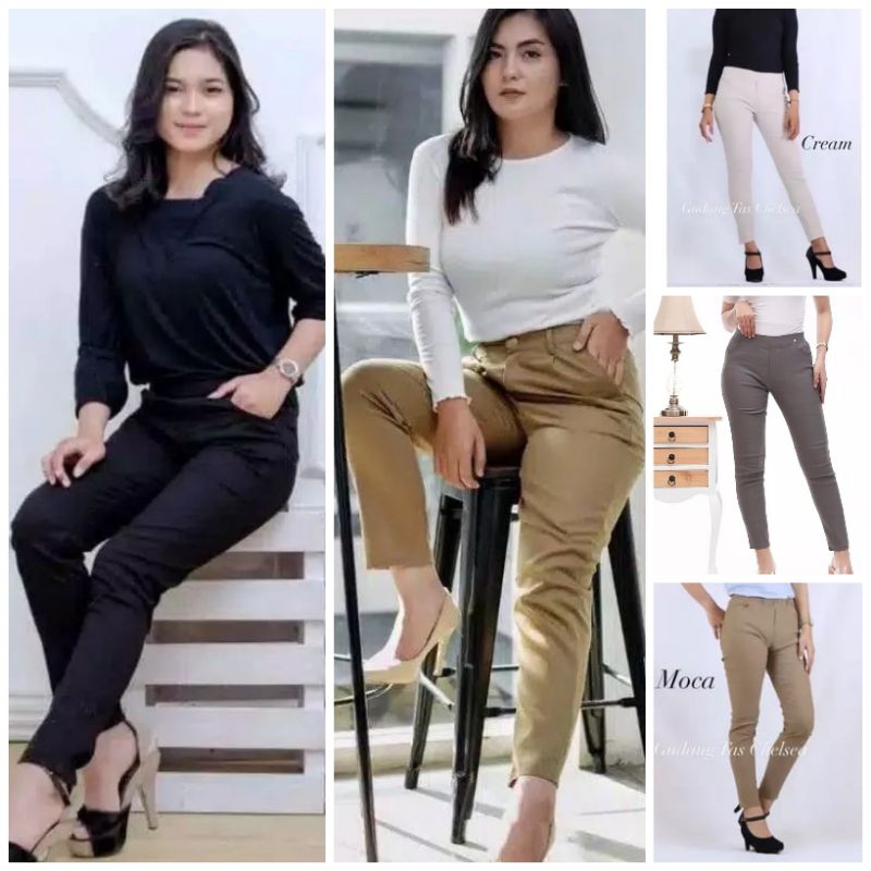 Celana Chino wanita//Celana casual//Celana pensil//Bahan katun kombet Stretch