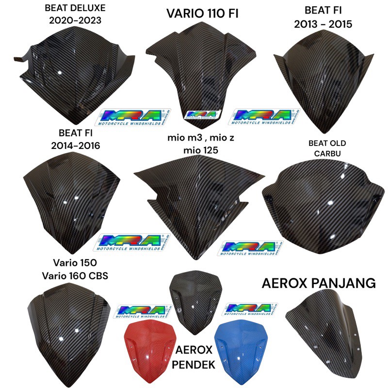 MRA WINDSHIELD VISOR CARBON 5D SERIES IMPORT beat deluxe 2020 2021 2022 2023 beat fi 2013 2014 2015 2016 vario 110 mio m3 mio z mio 125 beat old carbu karbu vario 150 vario 160 cbs aerox panjang pendek