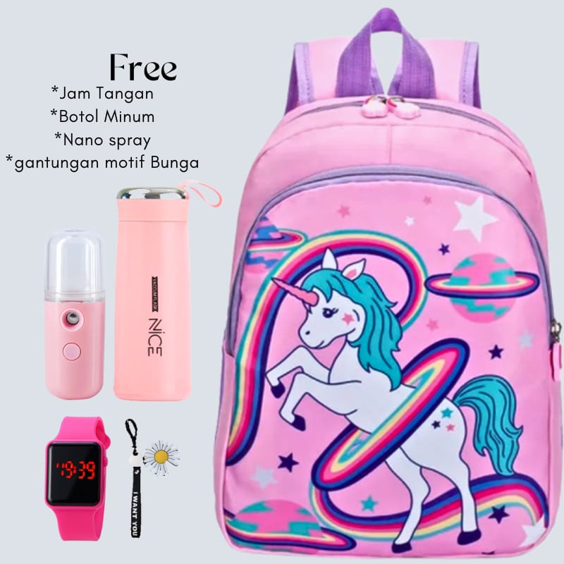 Tas Ransel Sekolah Terbaru Beckpack Anak Wanita SD,SMP Free Botol Minum Free Nano Spray Free Jam Tangan