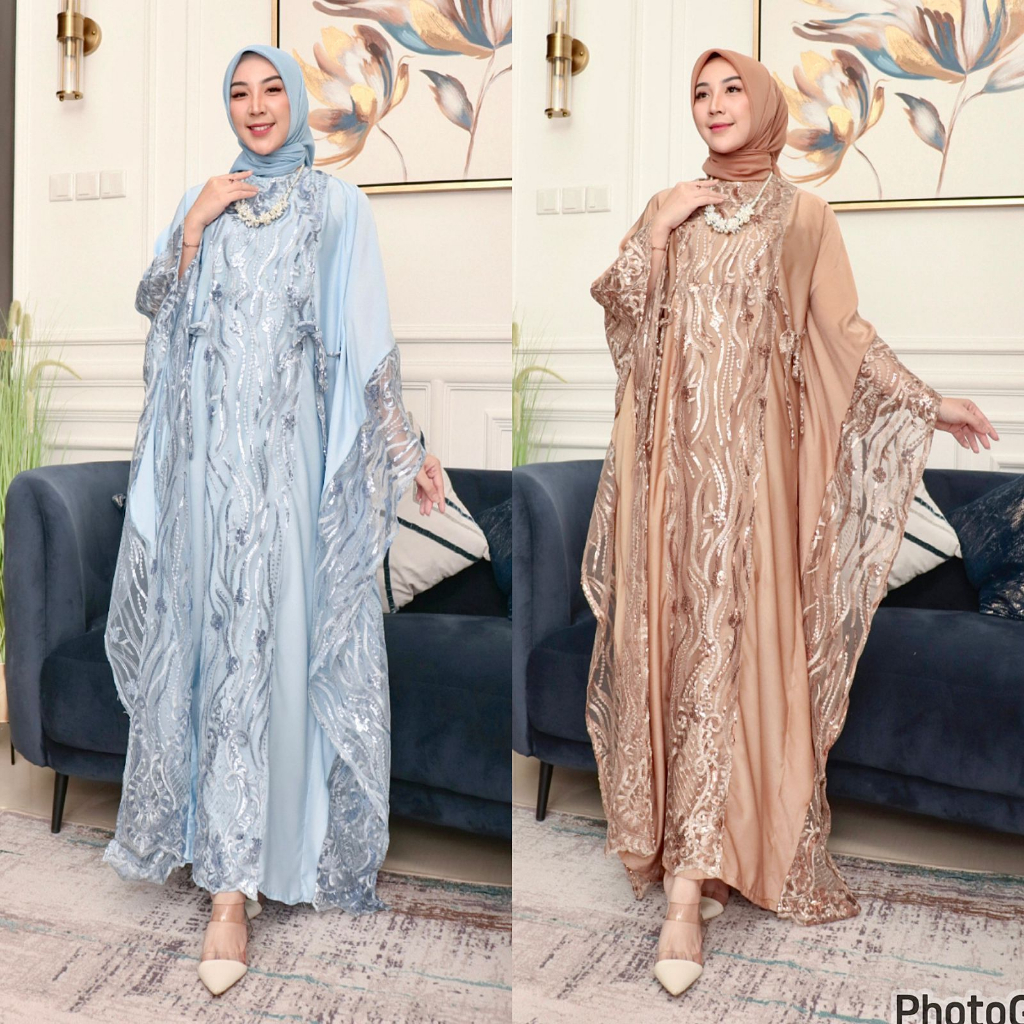 Gamis Kiswah Kaftan || Gamis Kaftan Premium Brand Pelangi Jaya || Gamis Saten Mix Tille Spangle Payet ~ DVN STYLE