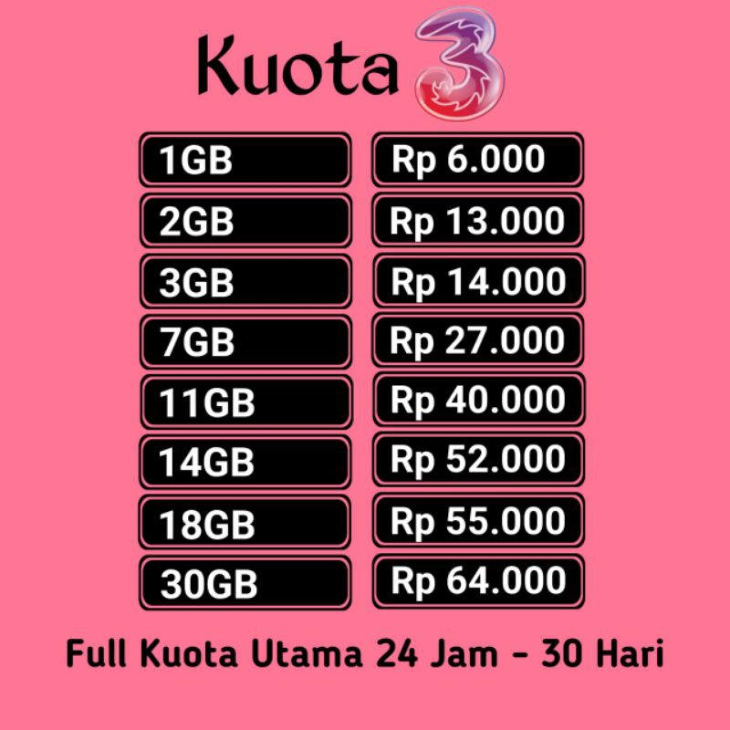 HOT PROMO Kuota Tri 1GB, 2GB, 3GB, 7GB, 11GB, 14GB, 18GB, 30GB, 42GB, 55GB, 100GB / Full Kuota Utama