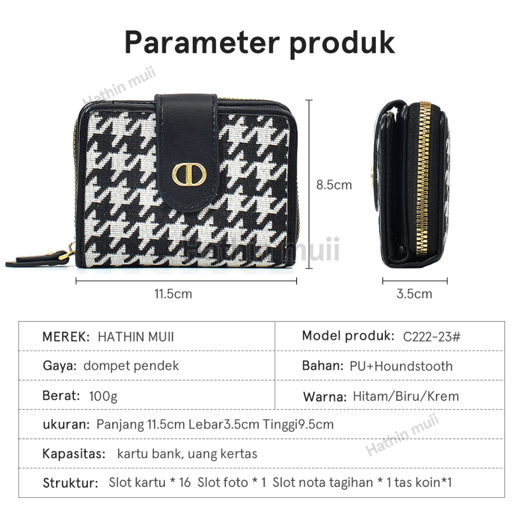 Hathin Huii Fenty Wallet motif dompet lipat wanita Kualitas Premium bahan kulit dompet wanita kecil  Houndstooth Ritsleting dompet wanita