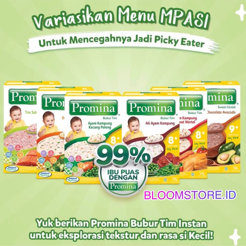 PROMINA Bubur Bayi Sweet Sereal Cereal Tim MPASI 8+ 8 Bulan Box Kotak 100 g gr gram 100g 100gr 100gr Original Halal Ori Daging &amp; dan and Brokoli Chocolate Avocado Ayam Kampung Tomat Wortel Praktis 8Bulan Bulan
